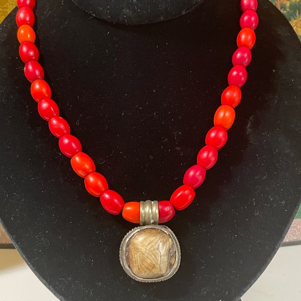 Antique Tibetan Sterling Conch Shell and Sherpa Glass Necklace
